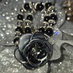 Fashion Jewelry I Rose Double Bracelet I Faux Black Pearl I Expandable
